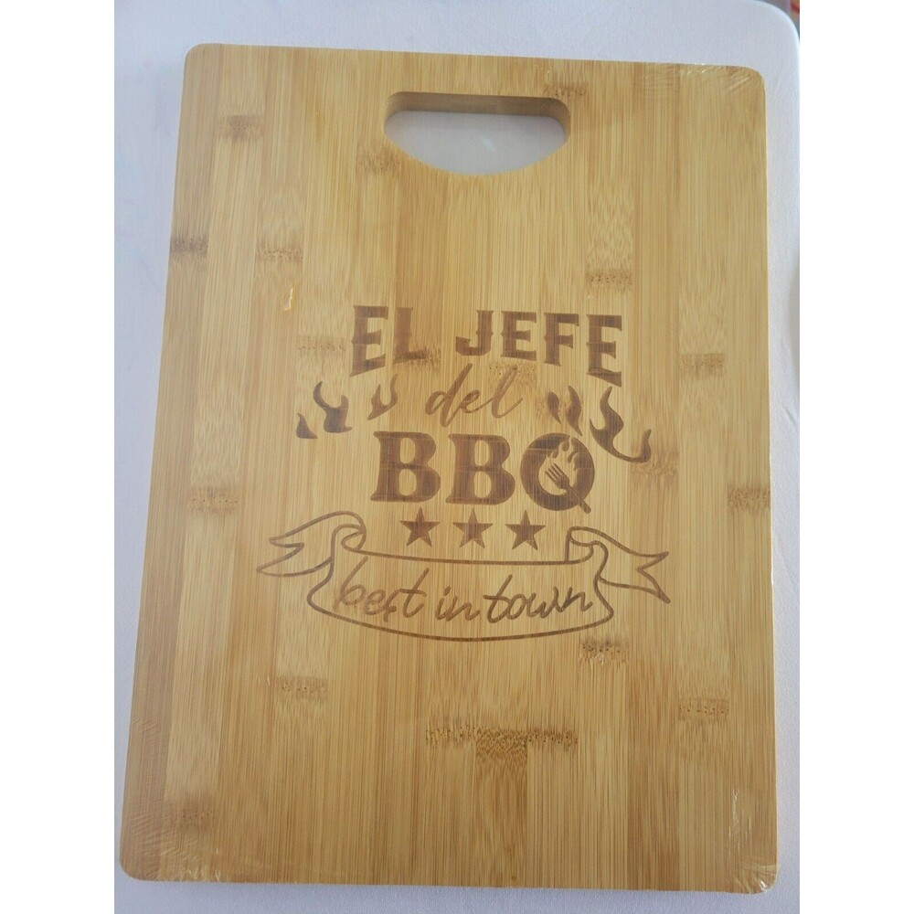 Bamboo Cutting Board with Handle 11x15 Wood Burn "El Jefe del BBQ Best in Town"